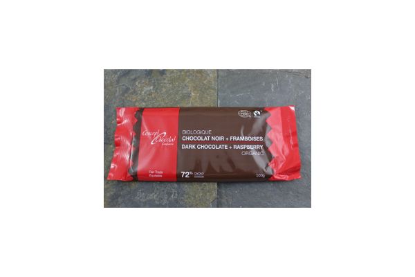 Chocolat noir 72% aux framboises bio et équitable 100 gr -Concept chocolat confiserie